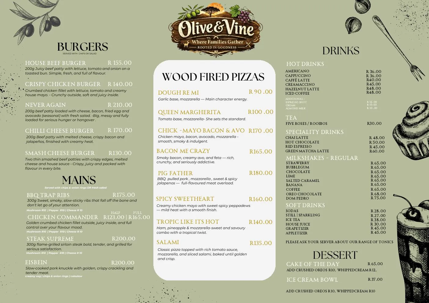 Olive & Vine menu page two showing burgers, mains, wood fired pizzas, drinks and dessert