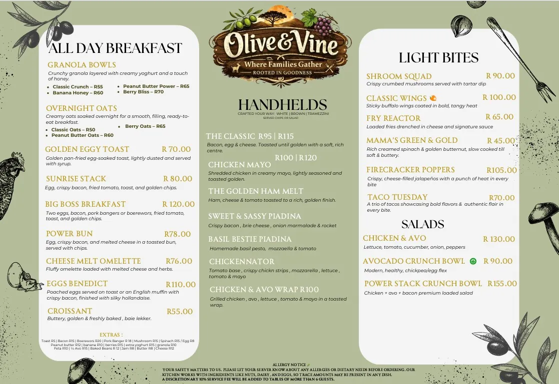 Olive & Vine menu page one showing all-day breakfast, handhelds, light bites and salads