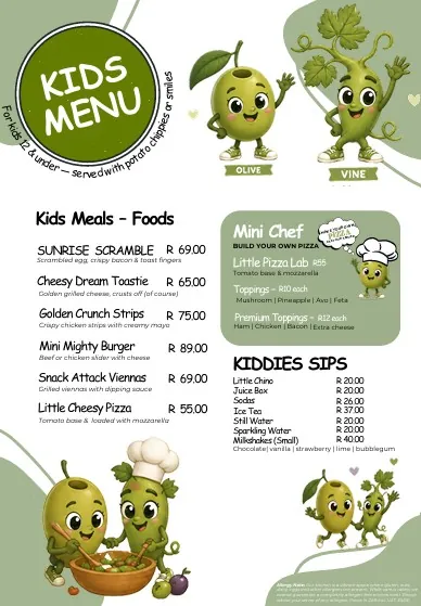 Olive & Vine Kids Menu with kids meals, mini chef pizza and kiddies sips